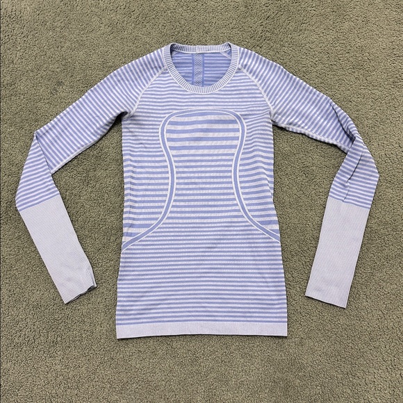 Lululemon Top Womens 4 Run Swiftly Tech Long Sleeve Striped Blue Thumbholes - Picture 1 of 7